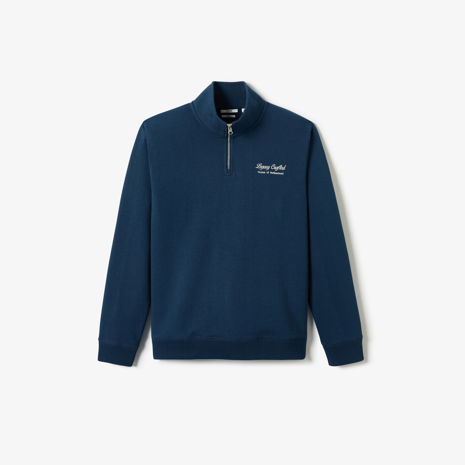 Sweater met ritskraag, geborduurd "Legacy crafted"