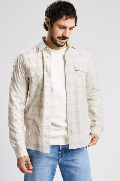 Chemise regular à carreaux coton flanelle Blanc