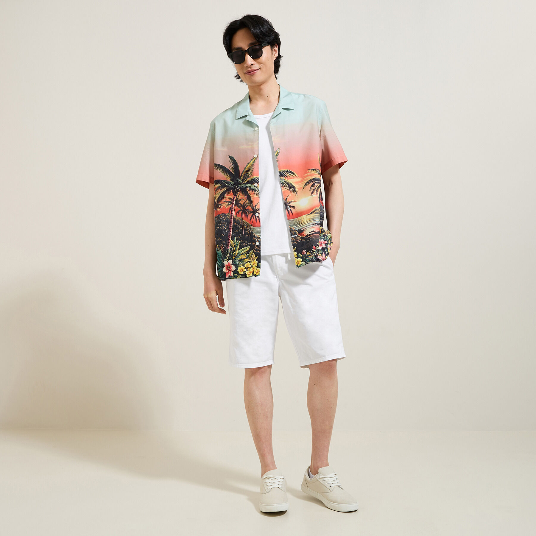 Chemisette en coton imprime hawaien Blanc Ecru Jules