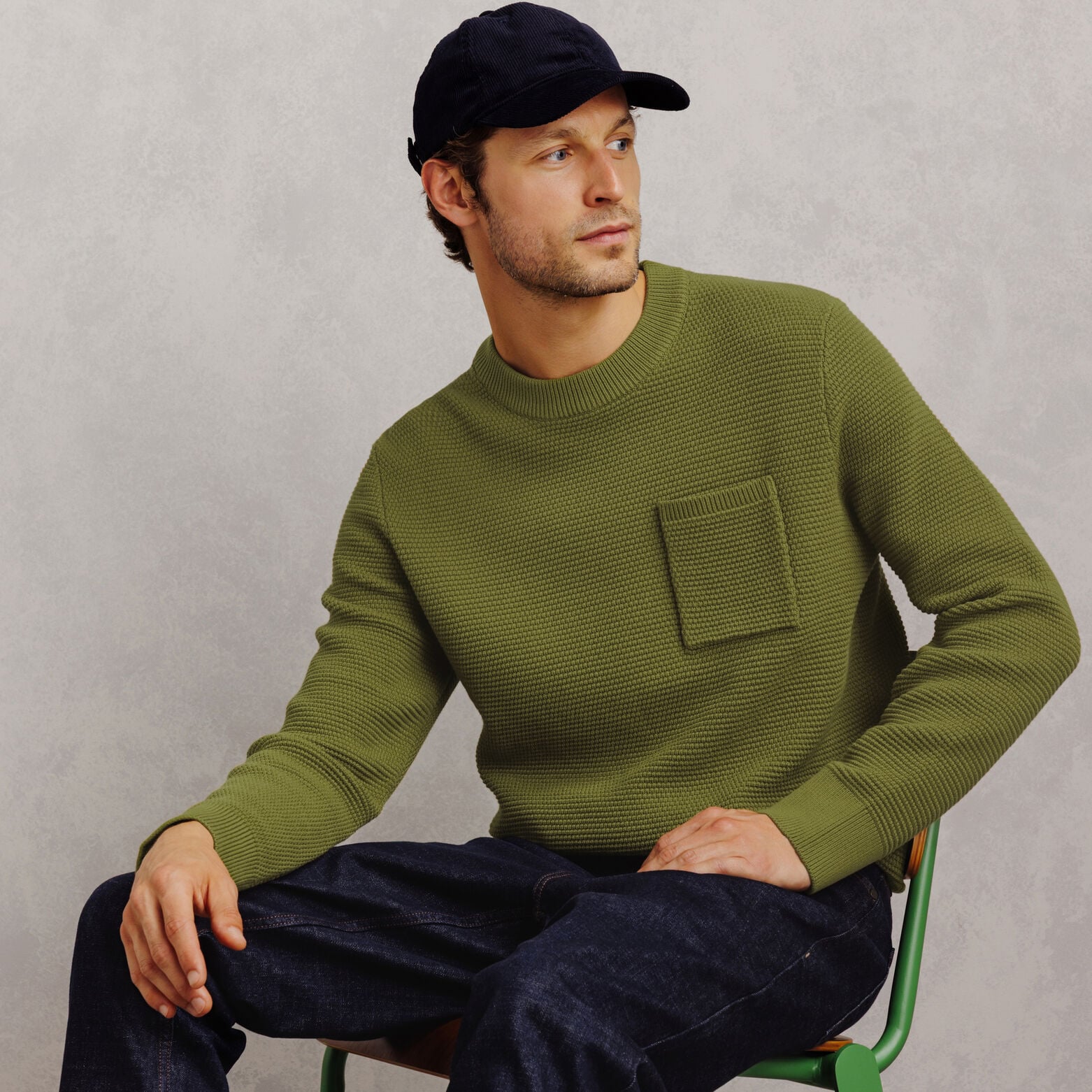 Pull col rond point de riz poche poitrine