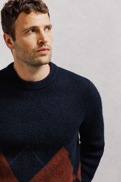 Pull col rond jacquard carreaux argyle
