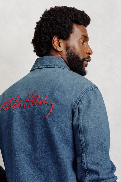 Geborduurde jeans overhemdjas Keith Haring-licenti