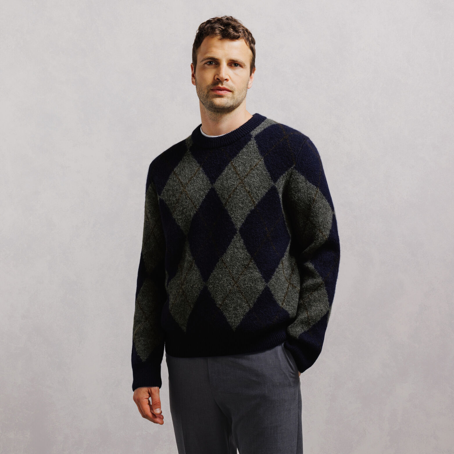 Pull col rond jacquard carreaux argyle