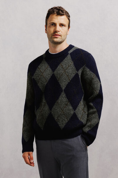 Pull col rond jacquard carreaux argyle
