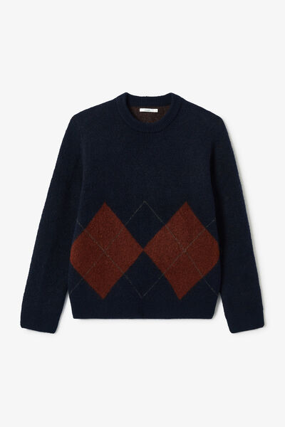 Pull col rond jacquard carreaux argyle