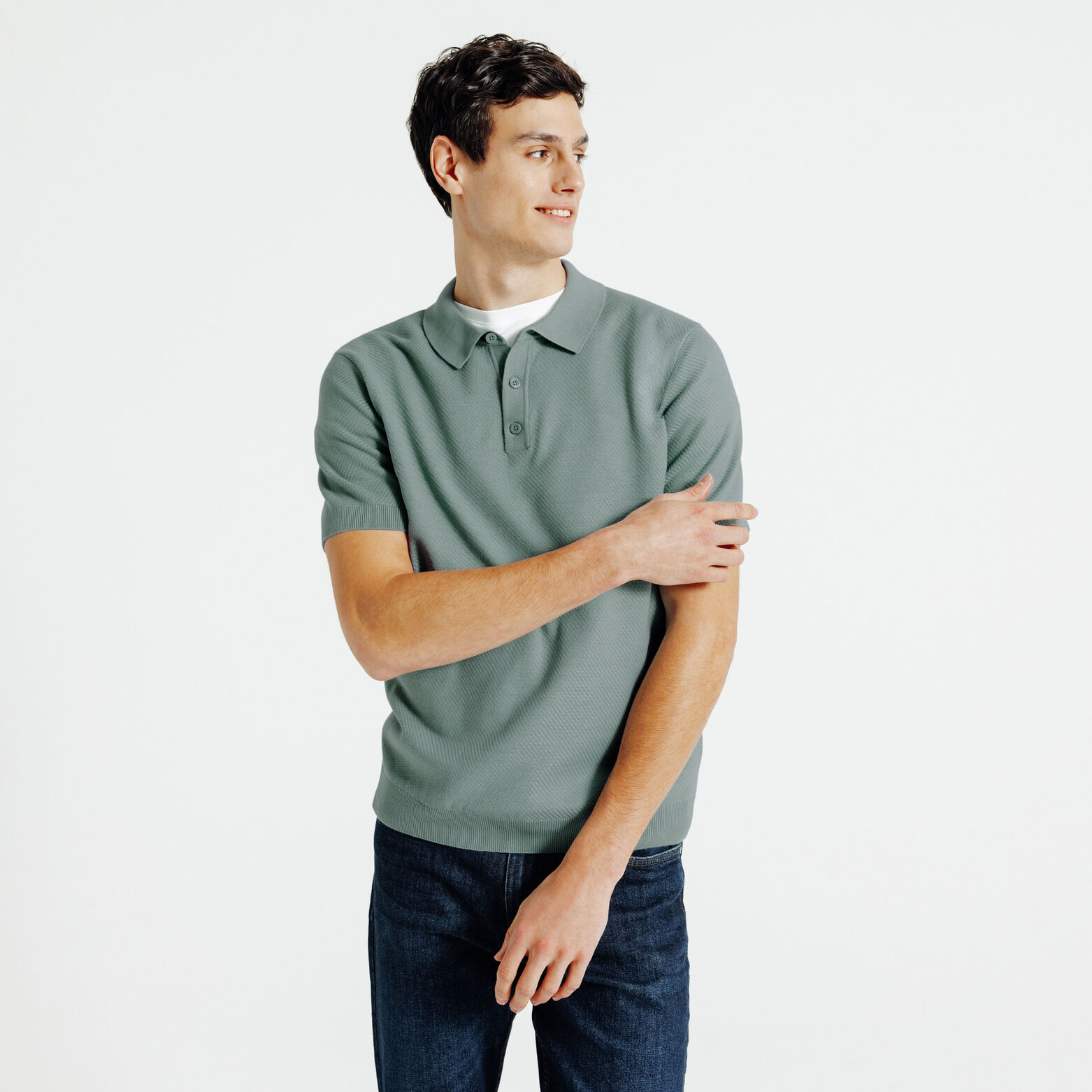 Polo en maille col boutonn&eacute; jeux de points