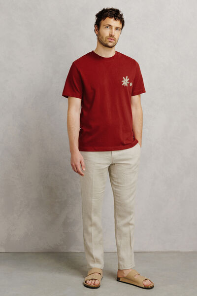 Tee shirt col rond brod&eacute; fleur poitrine