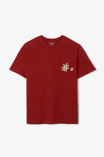 Tee shirt col rond brod&eacute; fleur poitrine