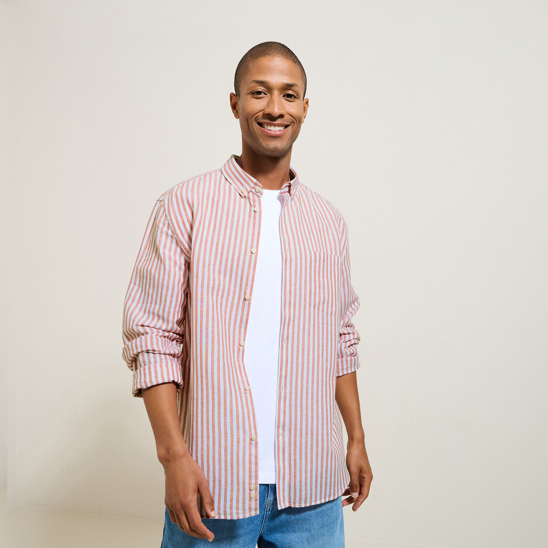 Chemise en coton lin rayee Peche Jules