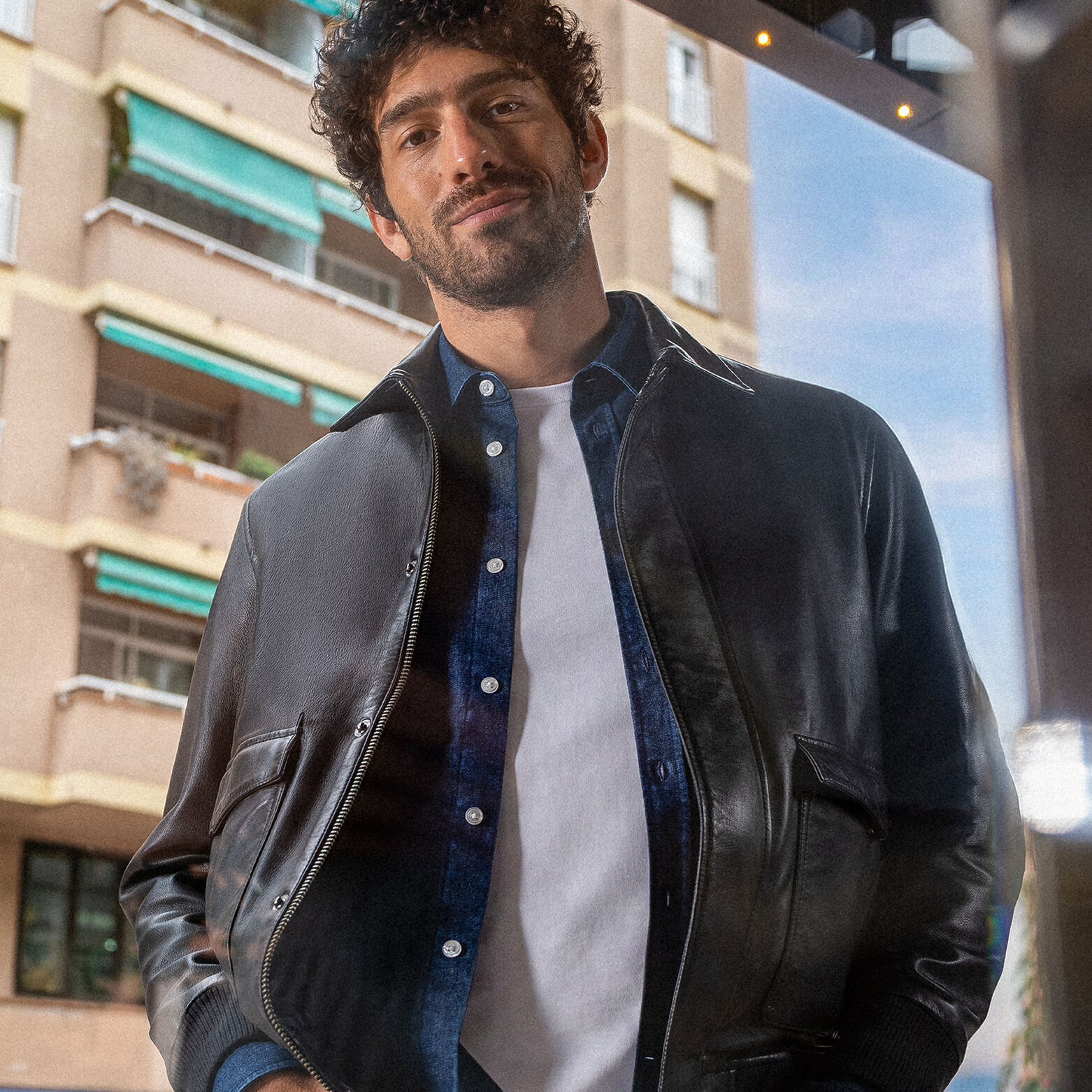 Blouson 100% leer met hemdkraag