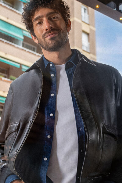 Blouson 100% leer met hemdkraag