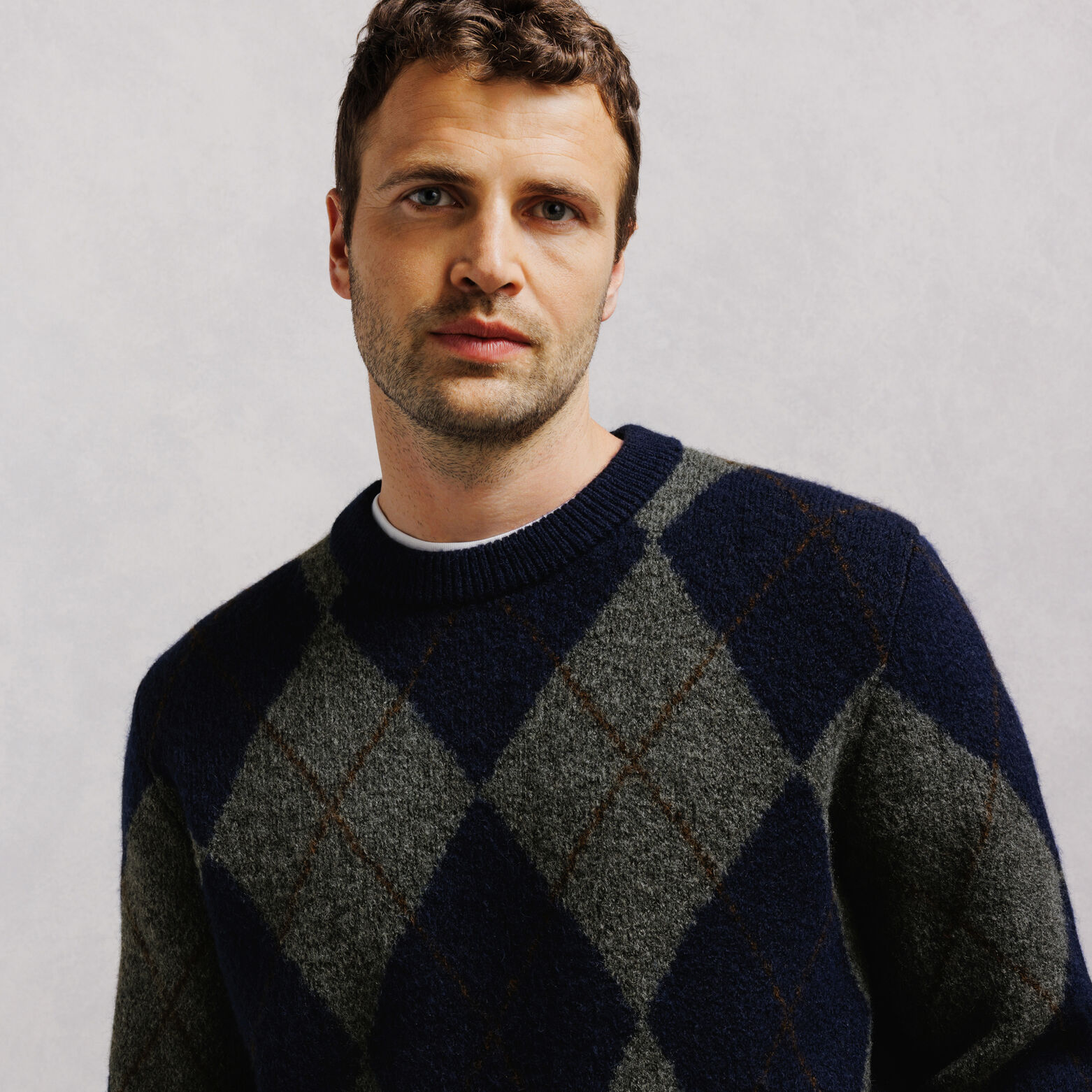 Pull col rond jacquard carreaux argyle