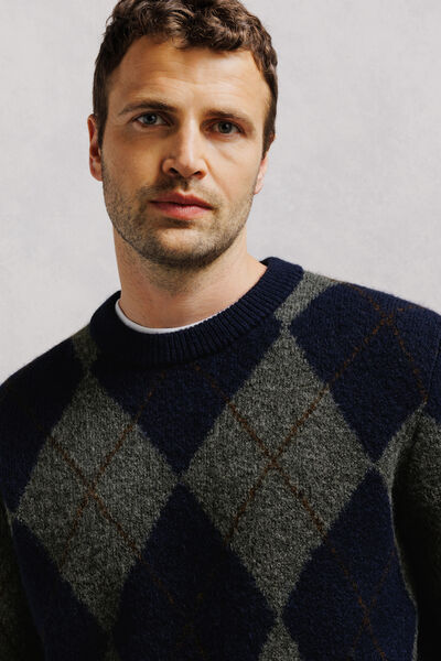 Pull col rond jacquard carreaux argyle