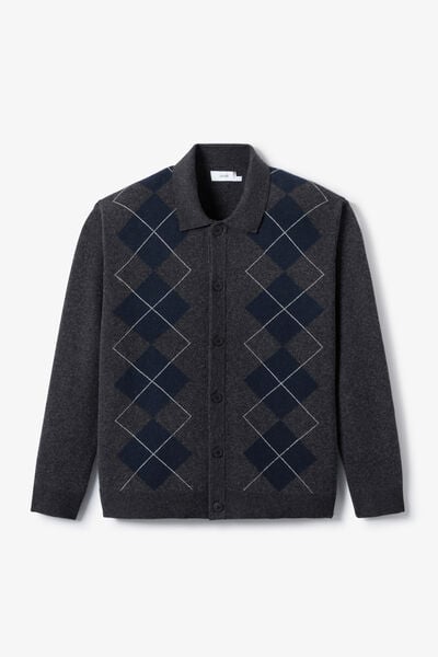 Cardigan col polo jacquard carreaux argyle