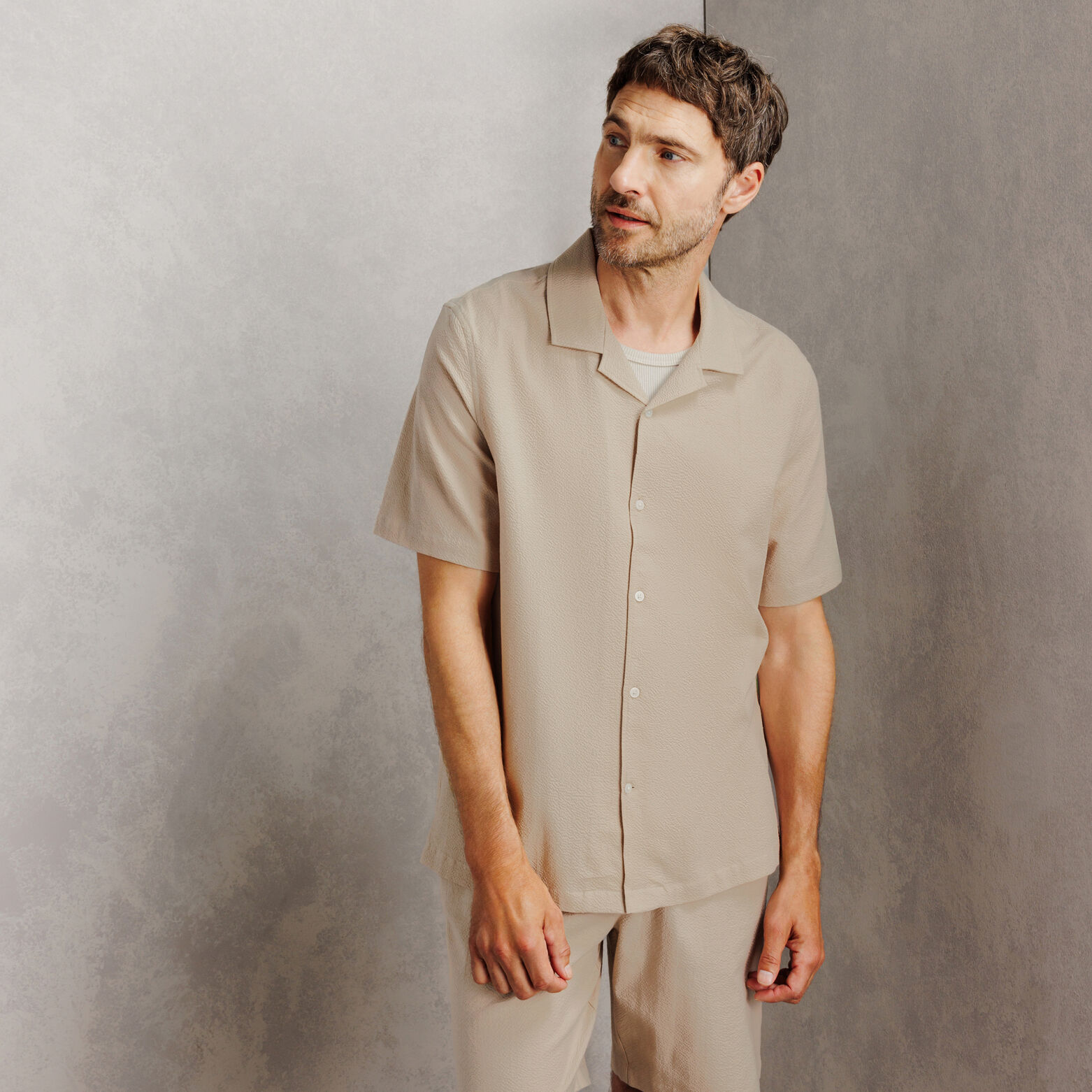 Ensemble chemisette et bermuda seersucker - Beige