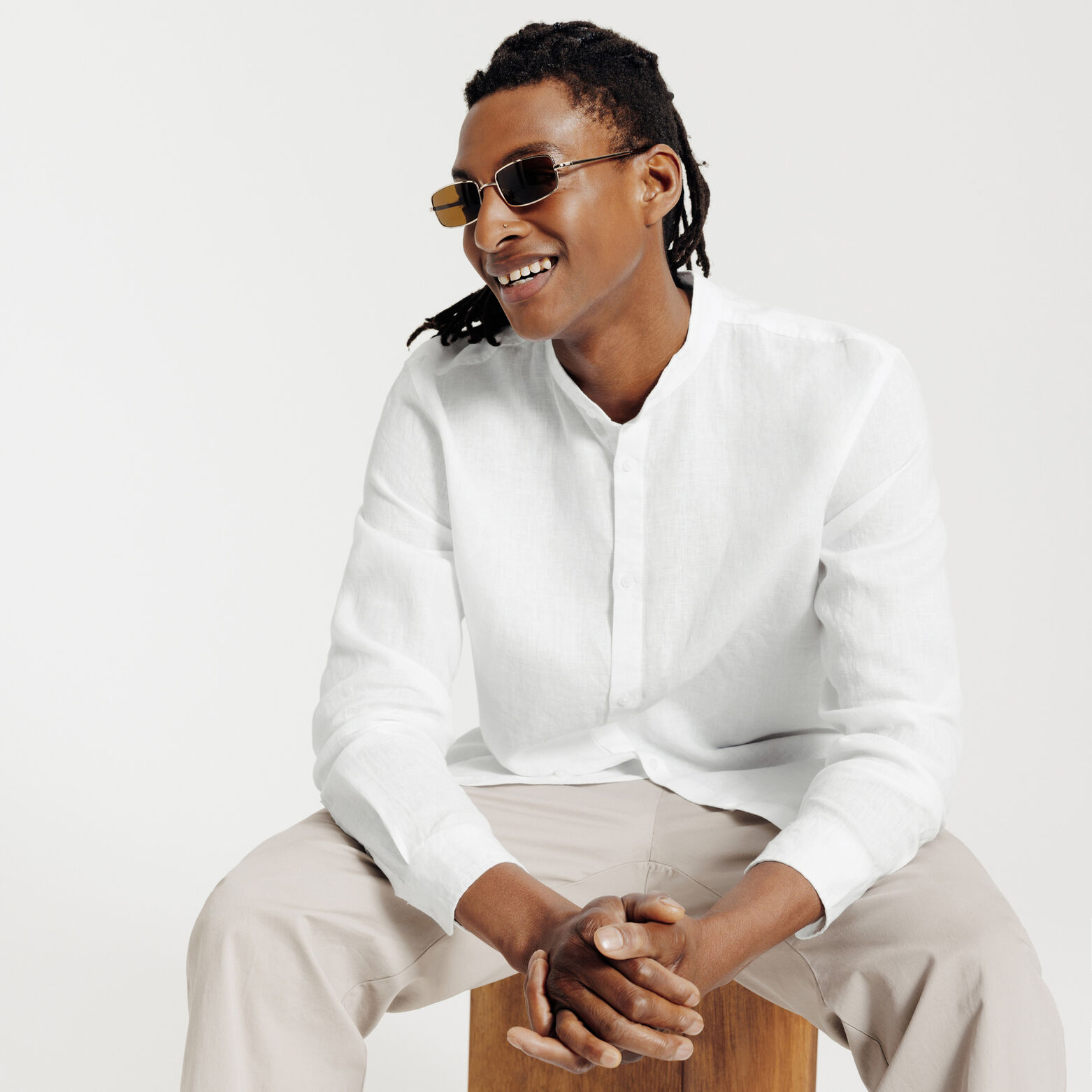 Chemise col mao en lin unie