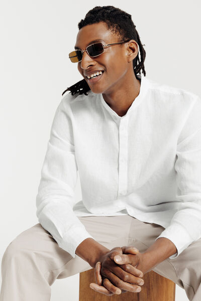 Chemise col mao en lin unie