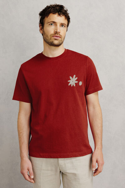 Tee shirt col rond brod&eacute; fleur poitrine