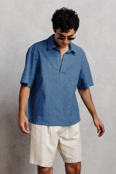 Chemisette 100% coton col vareuse effet denim
