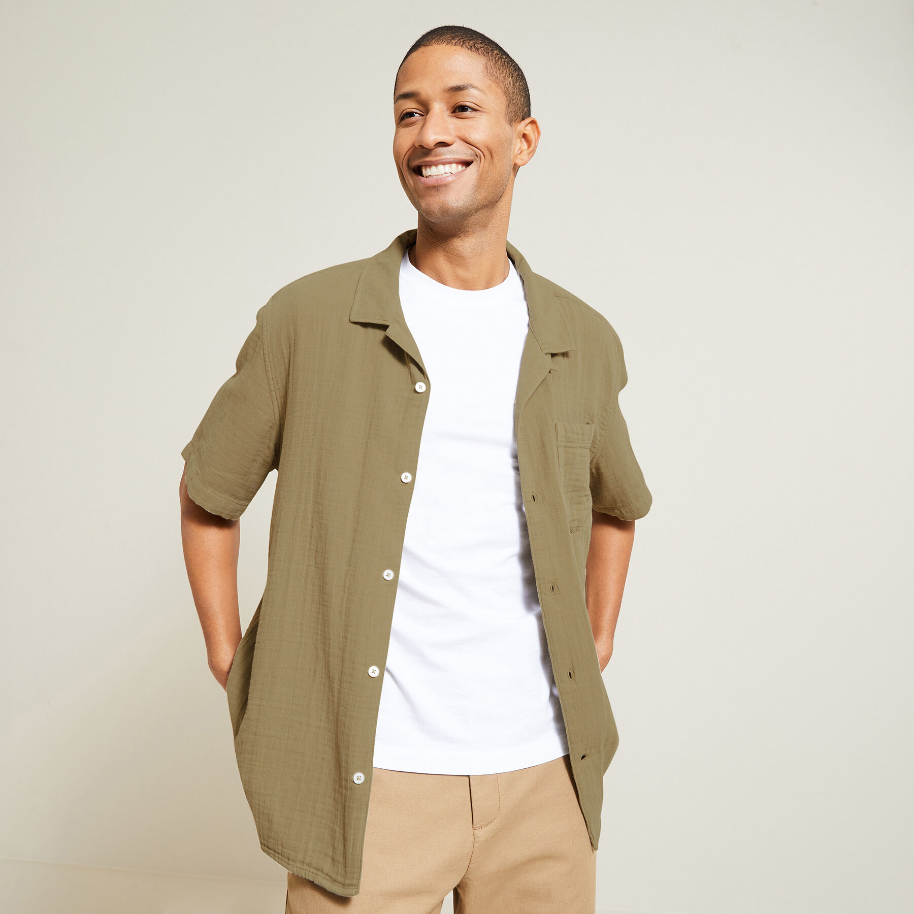 Chemise hawaienne regular unie gaze de coton Vert clair Jules