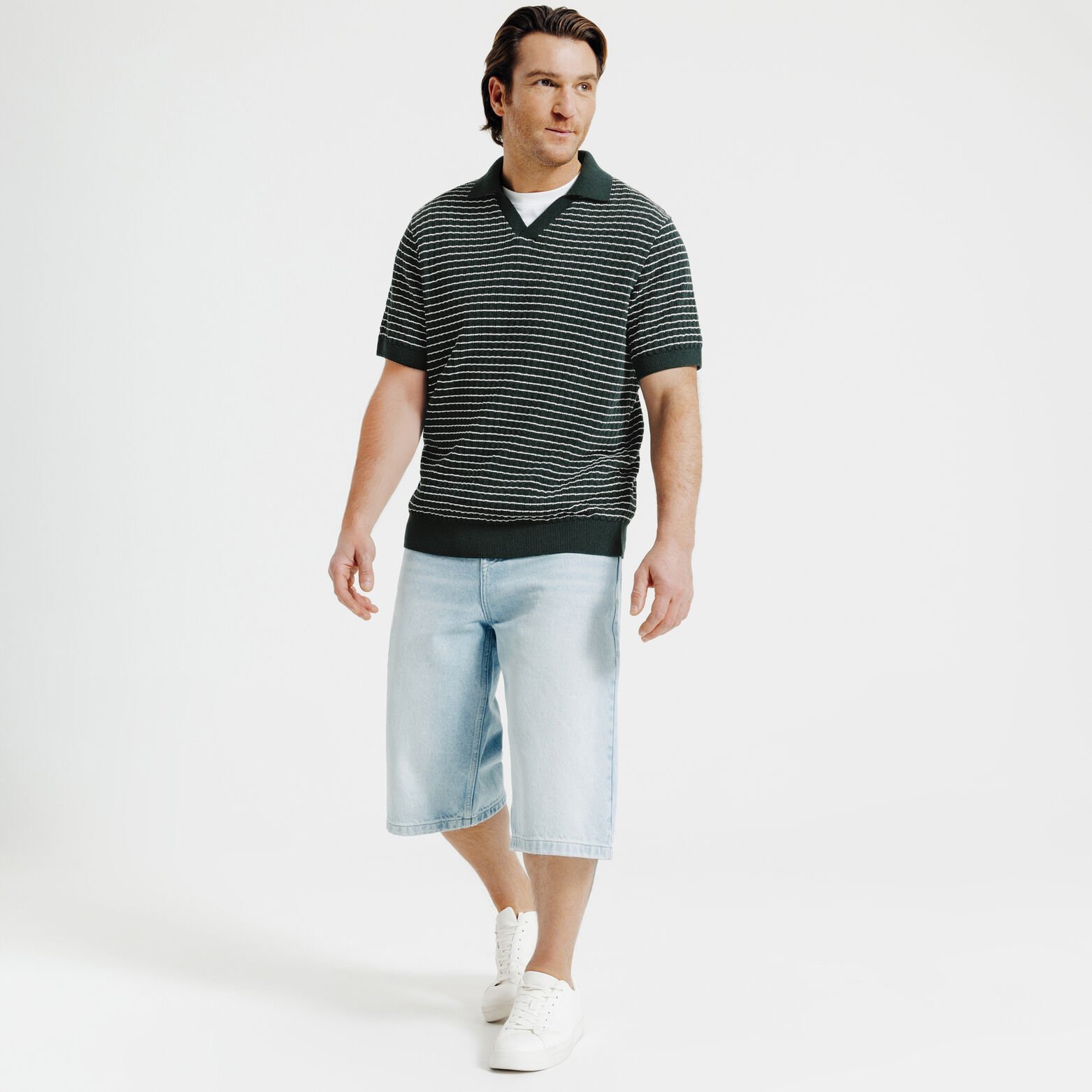 Pull manches courtes col polo resort ray&eacute; relief&eacute;