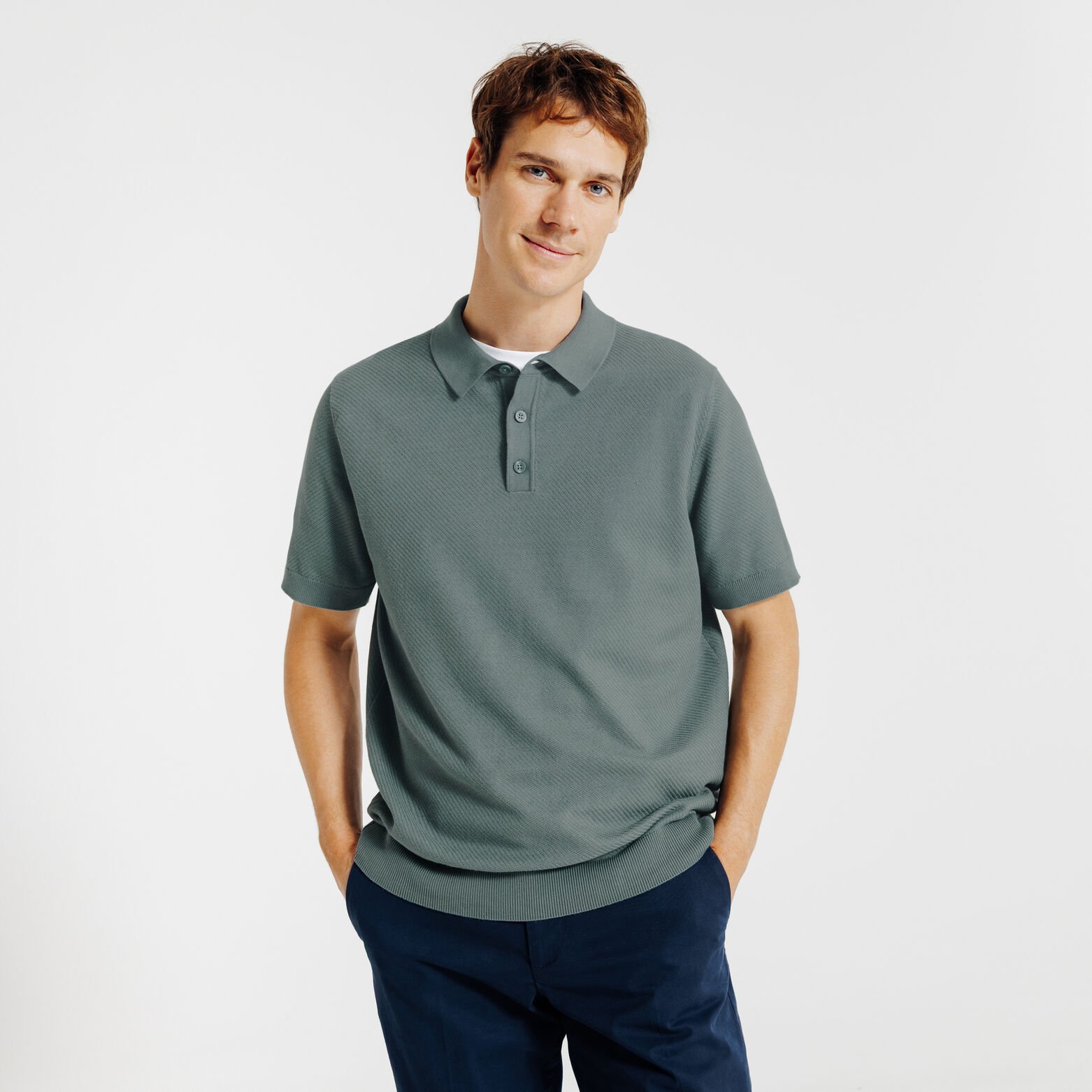 Polo en maille col boutonn&eacute; jeux de points