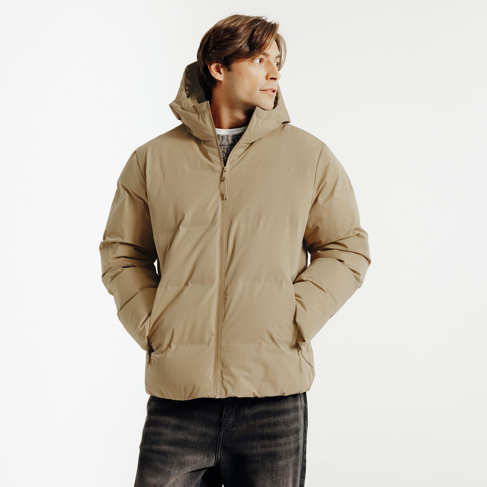 Gewatteerde donsjas met kap en rits