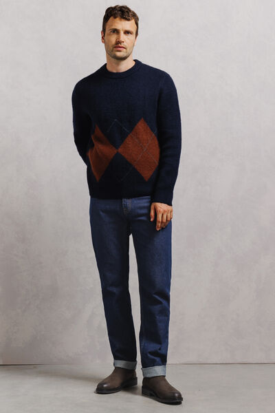 Pull col rond jacquard carreaux argyle
