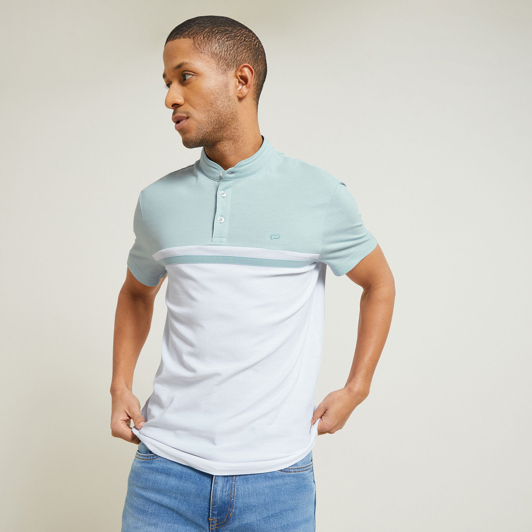 Polo manches courtes colorblock col mao Vert kaki Jules