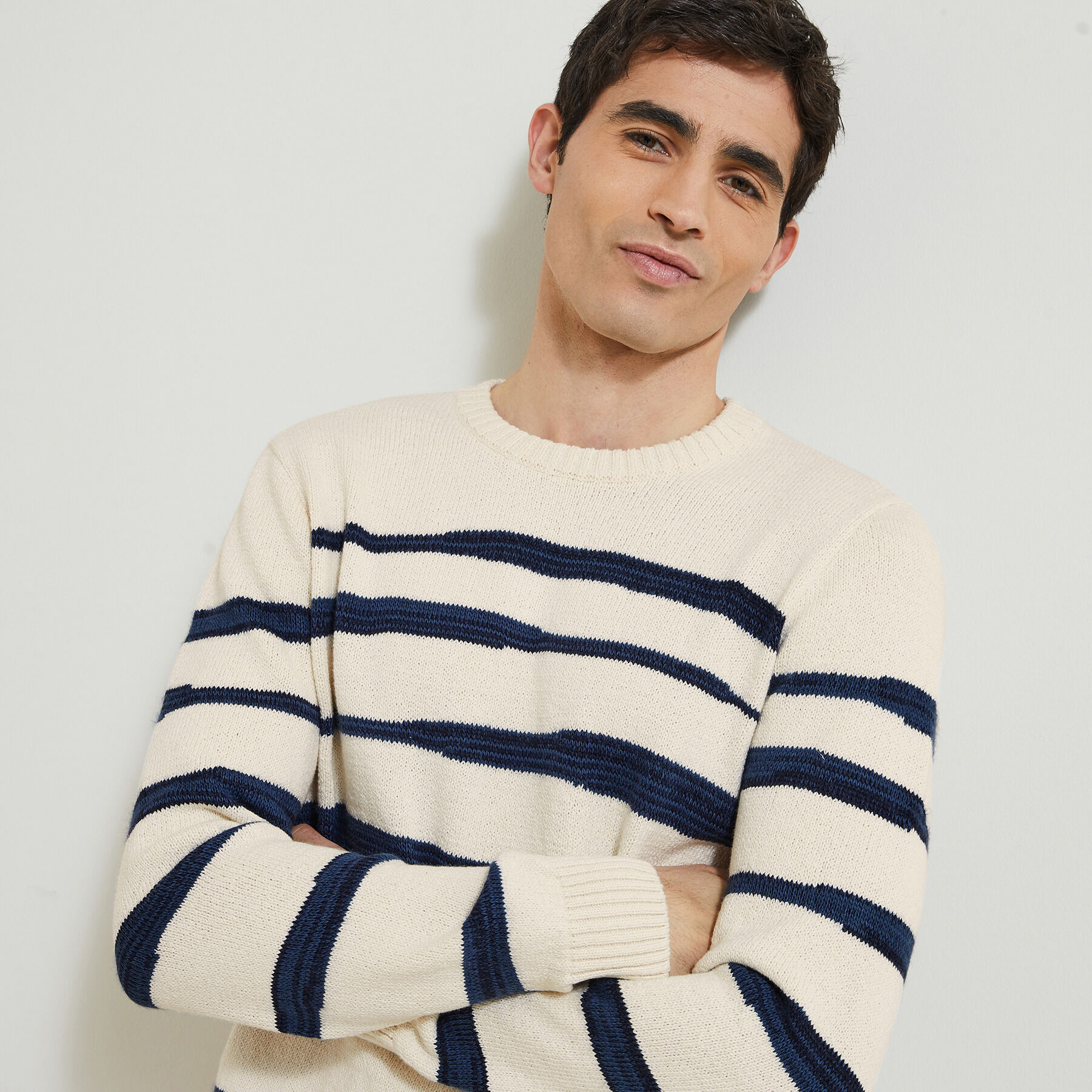 Pull col rond jeux de points fantaisie Blanc