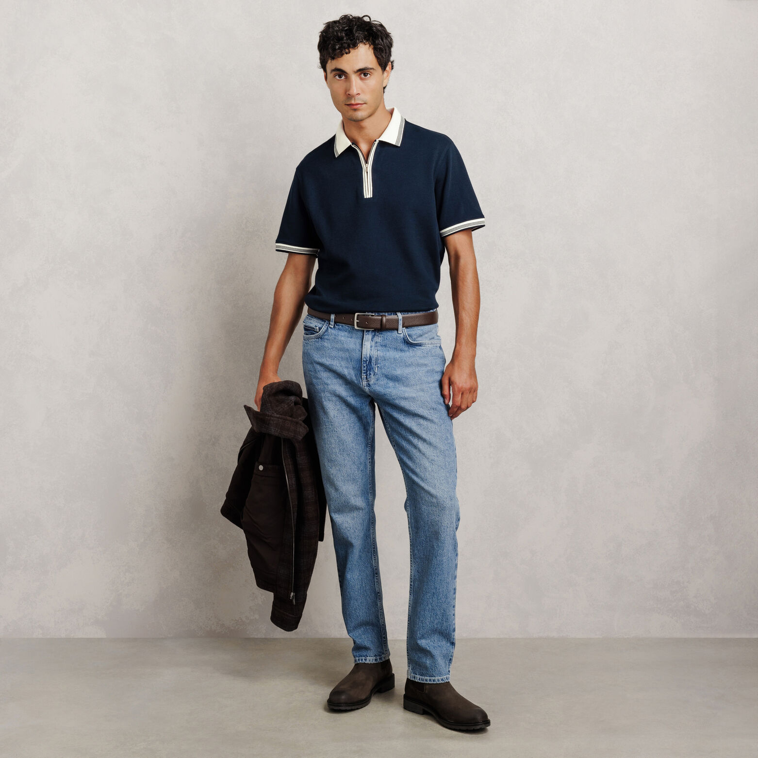 Polo manches courtes col zipp&eacute; gaufr&eacute;