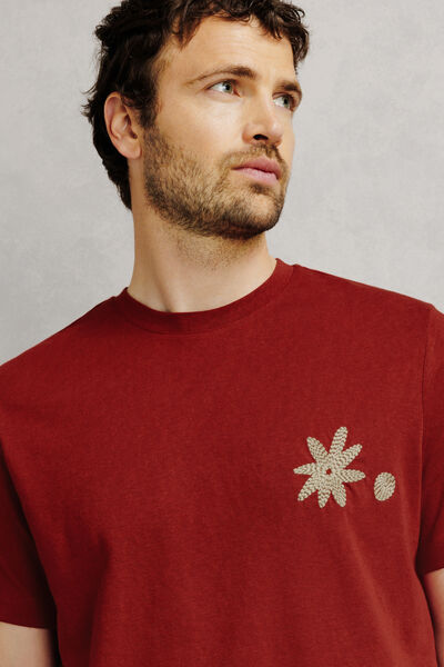 Tee shirt col rond brod&eacute; fleur poitrine