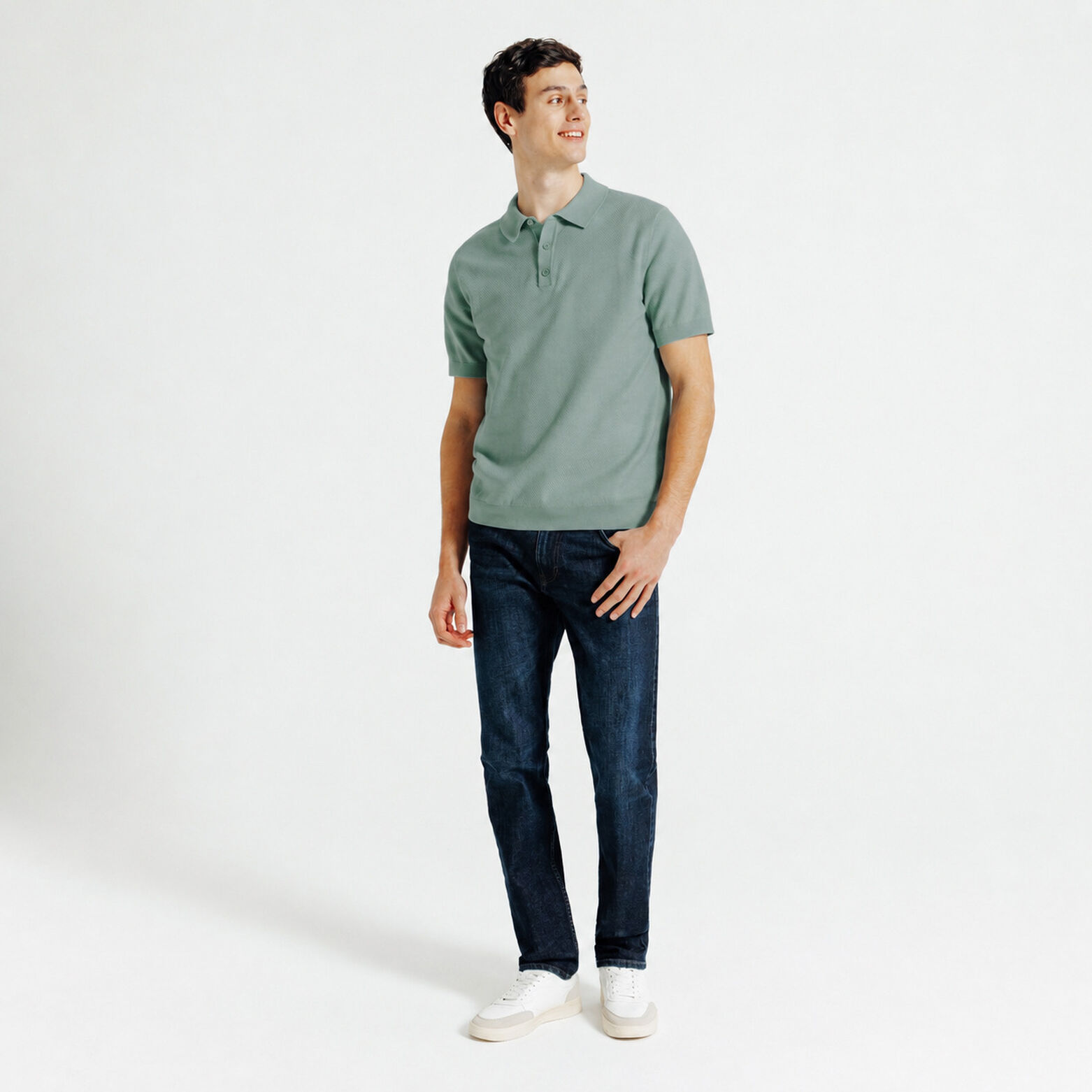 Polo met knoopkraag in tricot met fantasie stekenp