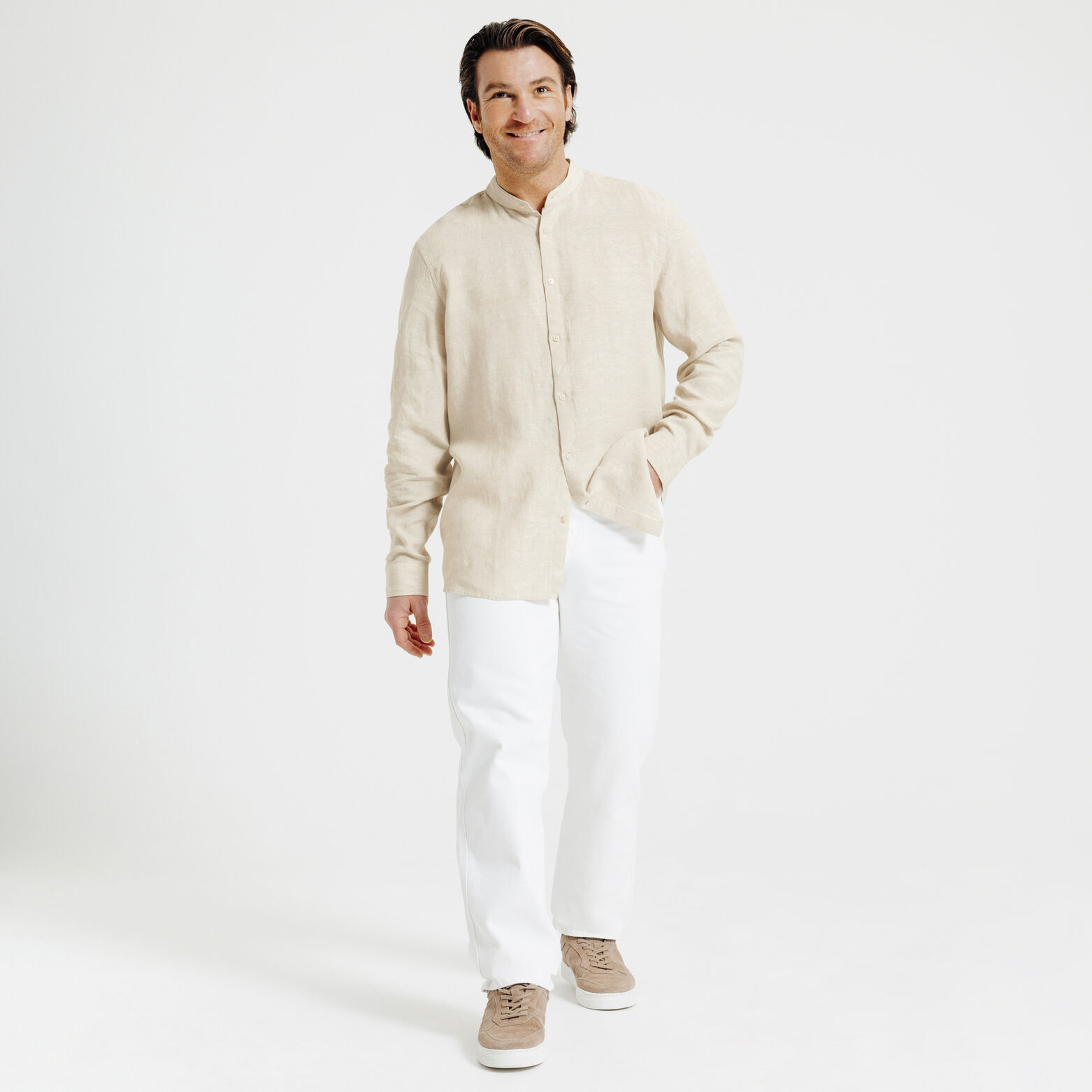 Chemise col mao en lin unie