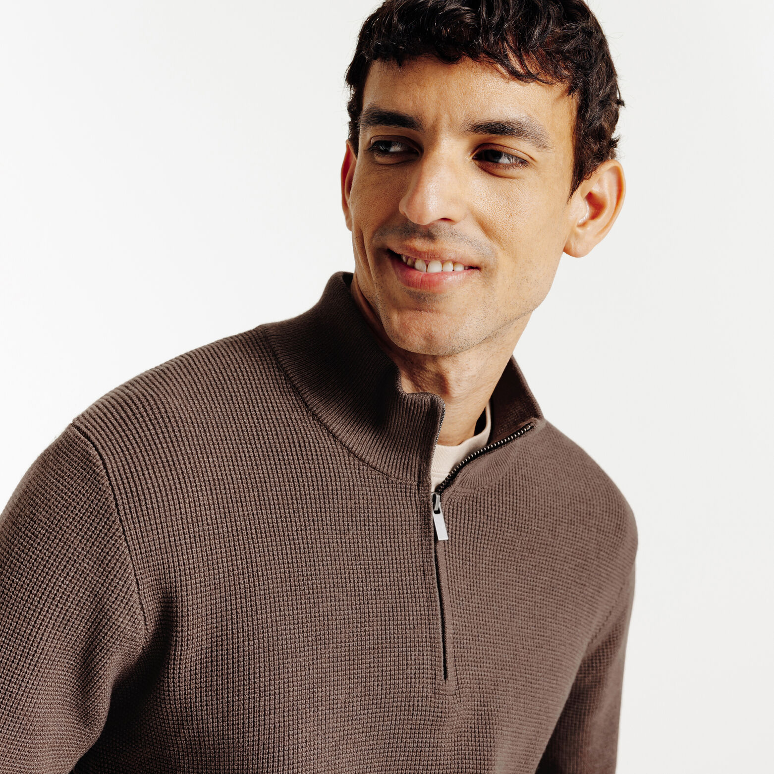 Trui met opstaande kraag en rits in wafelstof