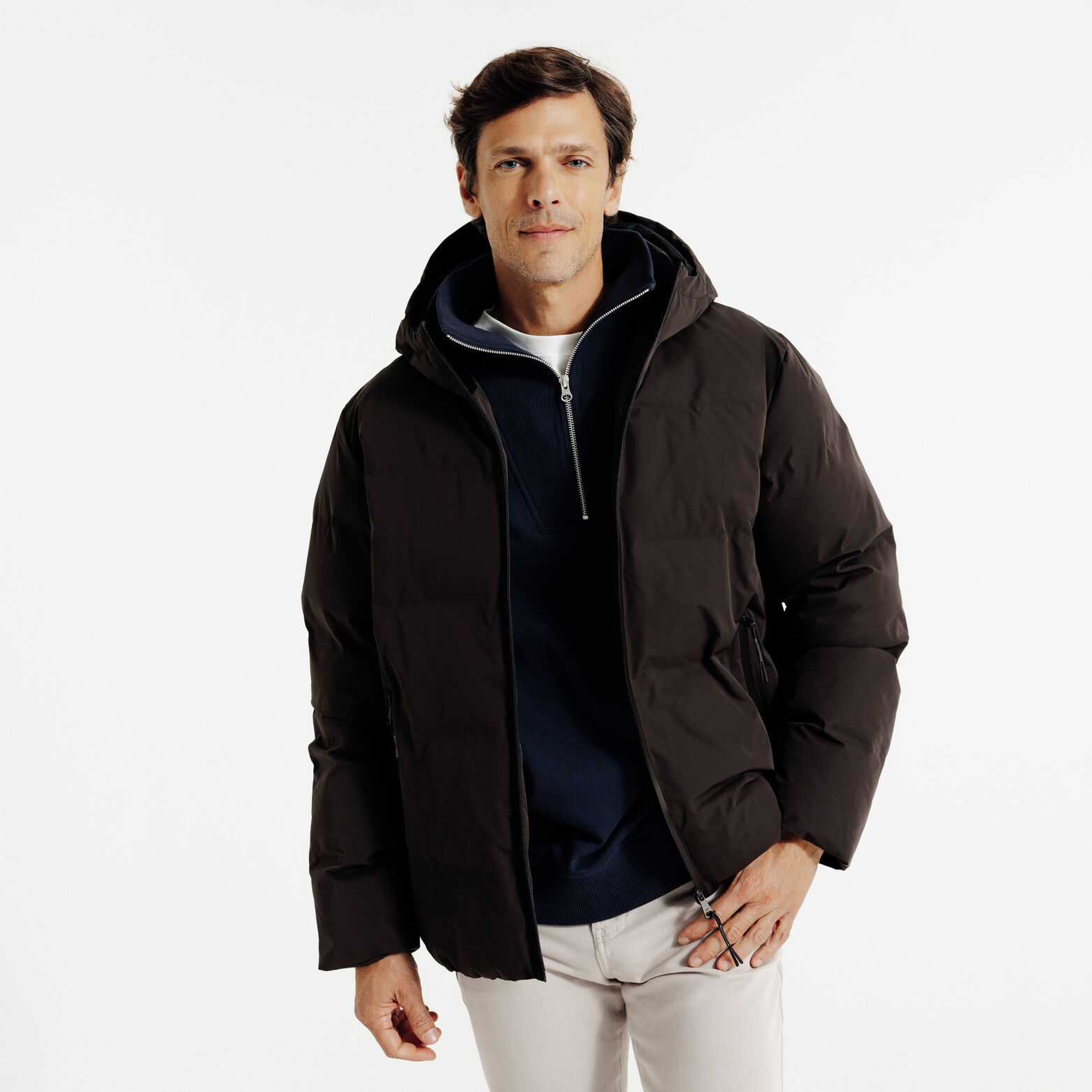 Gewatteerde donsjas met kap en rits