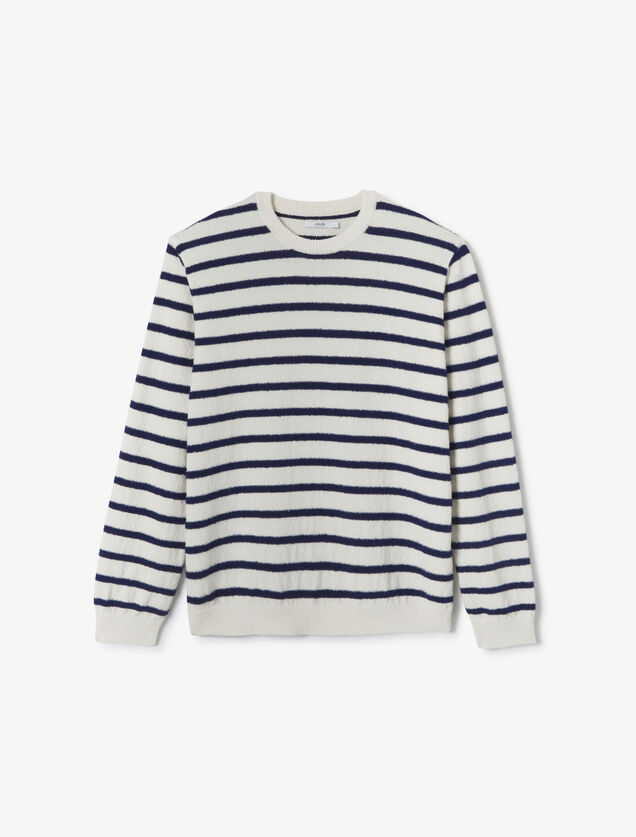 Gestreepte boucl&eacute; trui ronde hals