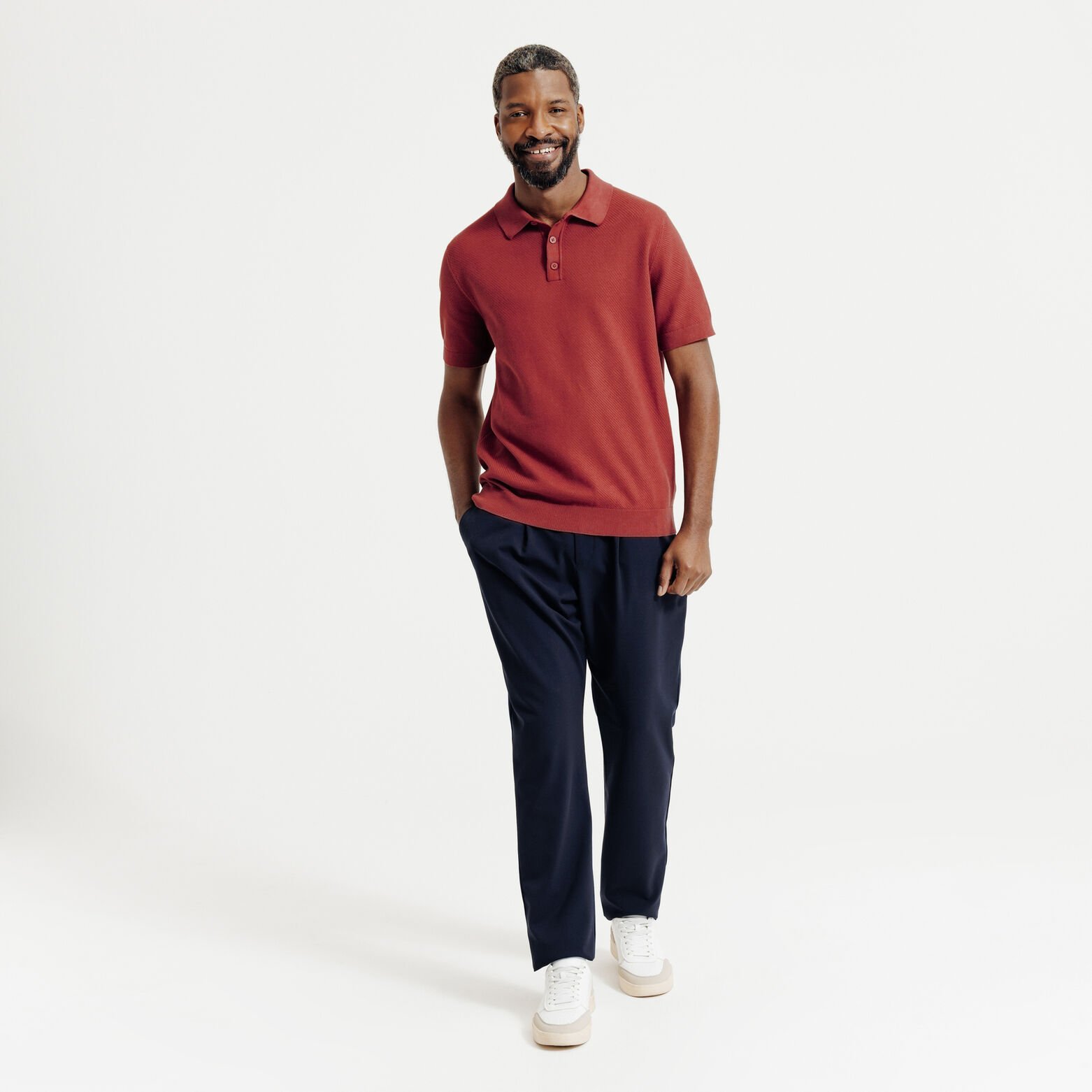 Polo en maille col boutonn&eacute; jeux de points