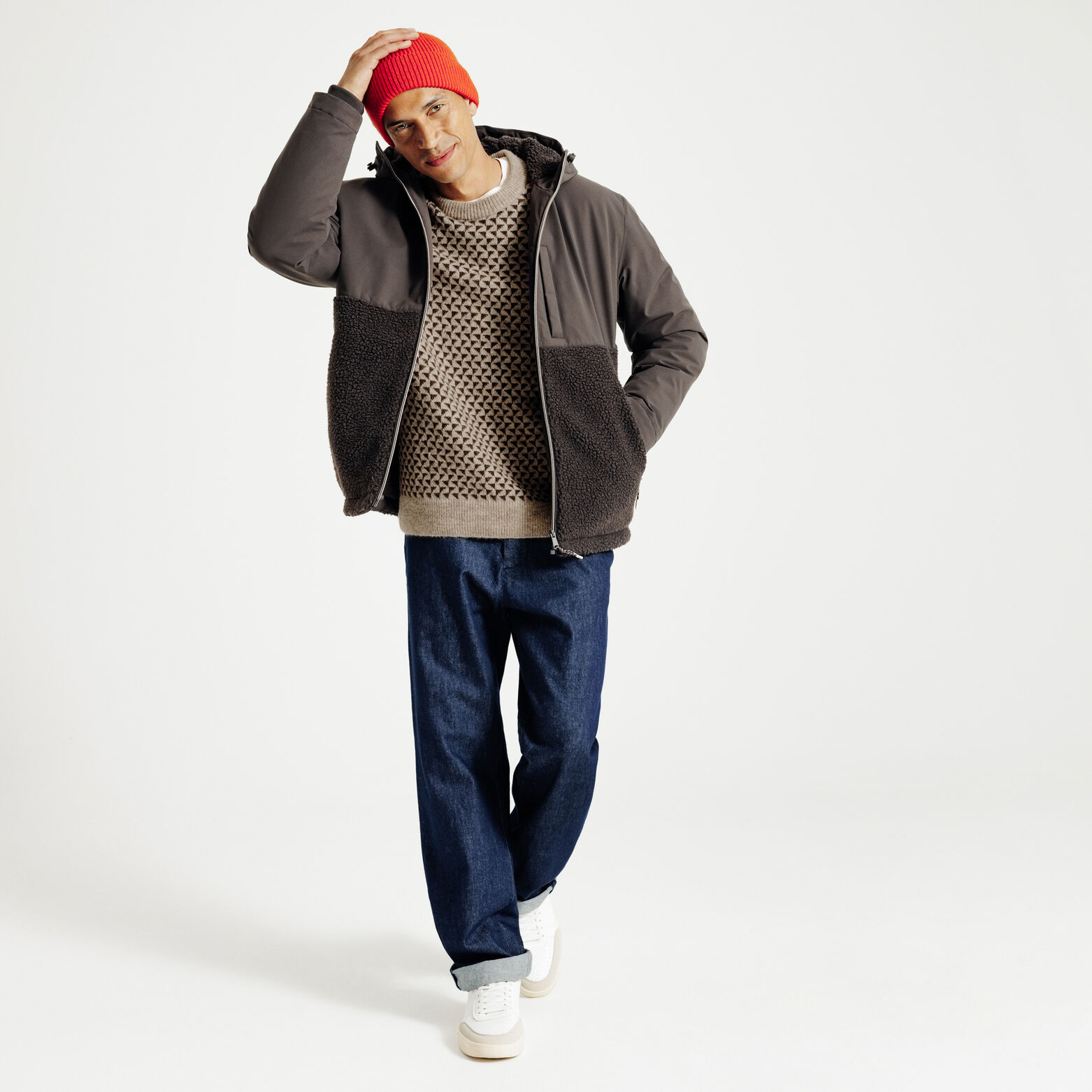 Pull col rond jacquard damier