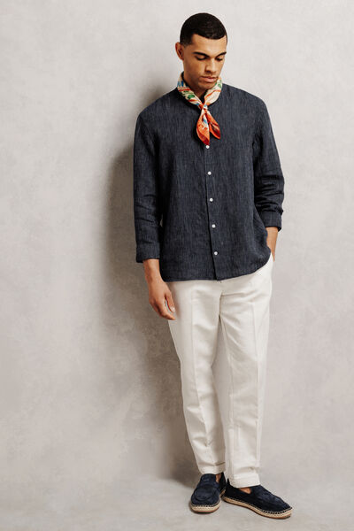 Chemise regular en lin ray&eacute;e col mao