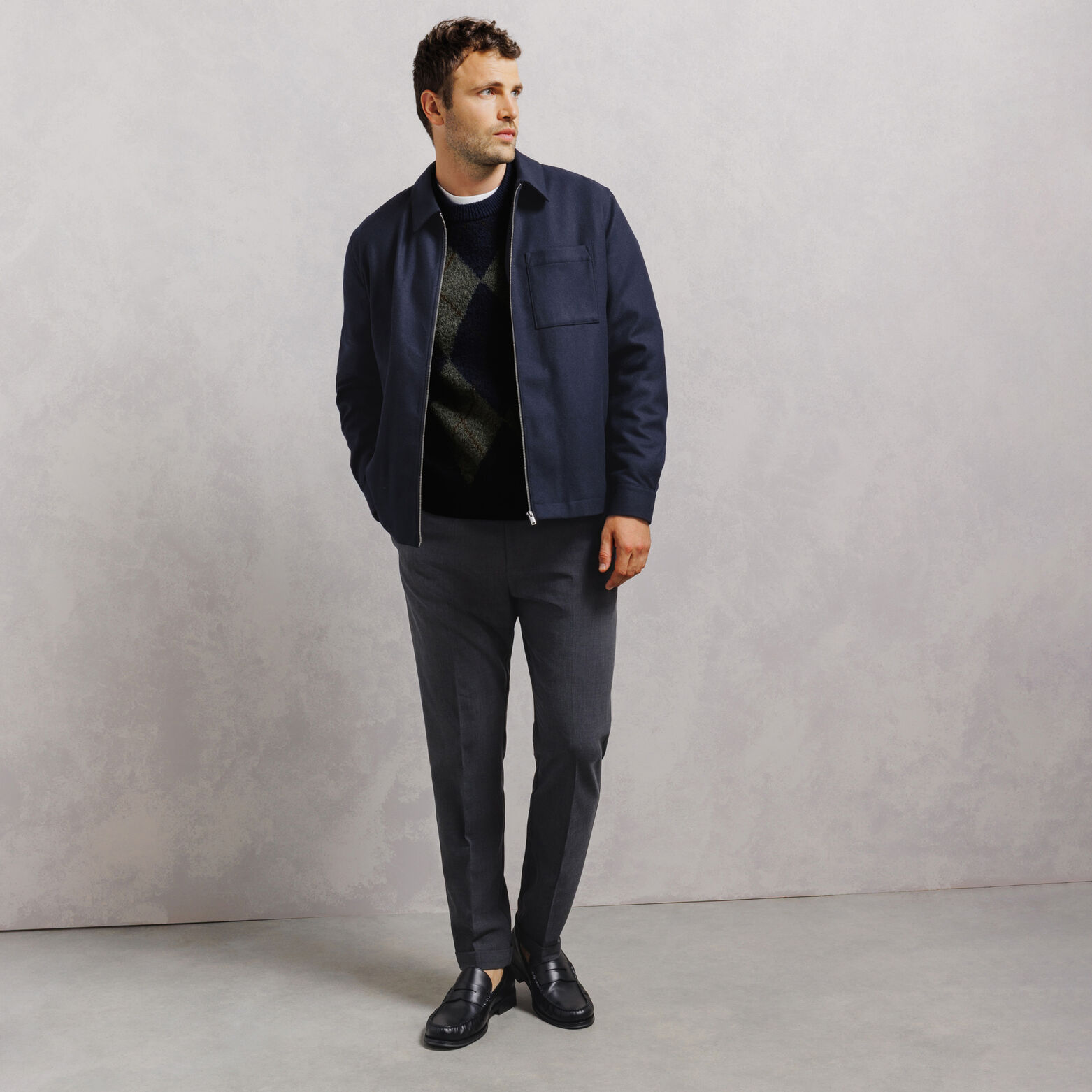 Pull col rond jacquard carreaux argyle