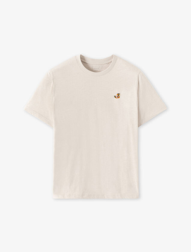 T-shirt in gevlamde stof met borduursel op de bors