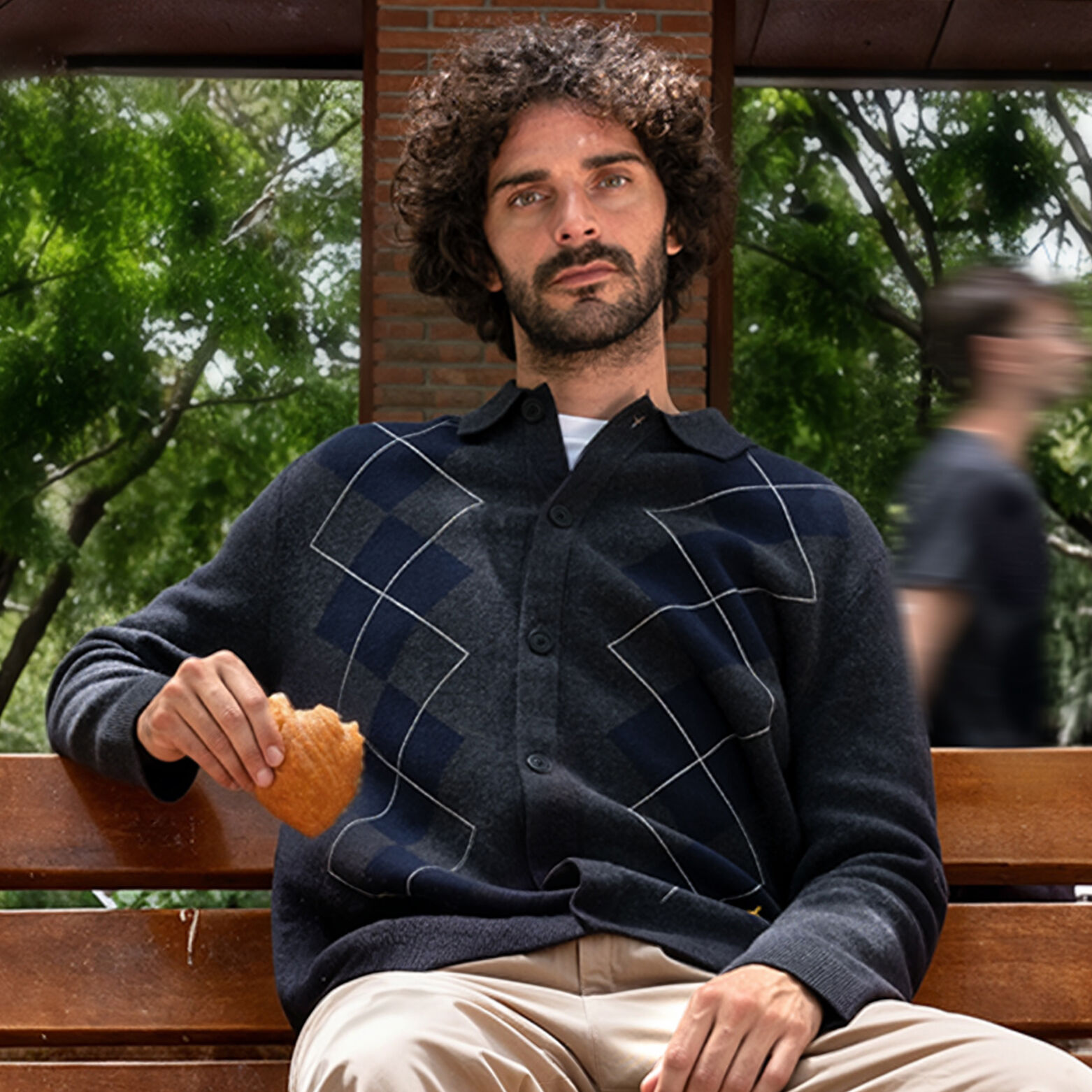 Cardigan col polo jacquard carreaux argyle