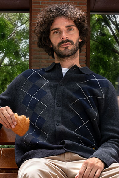 Cardigan col polo jacquard carreaux argyle