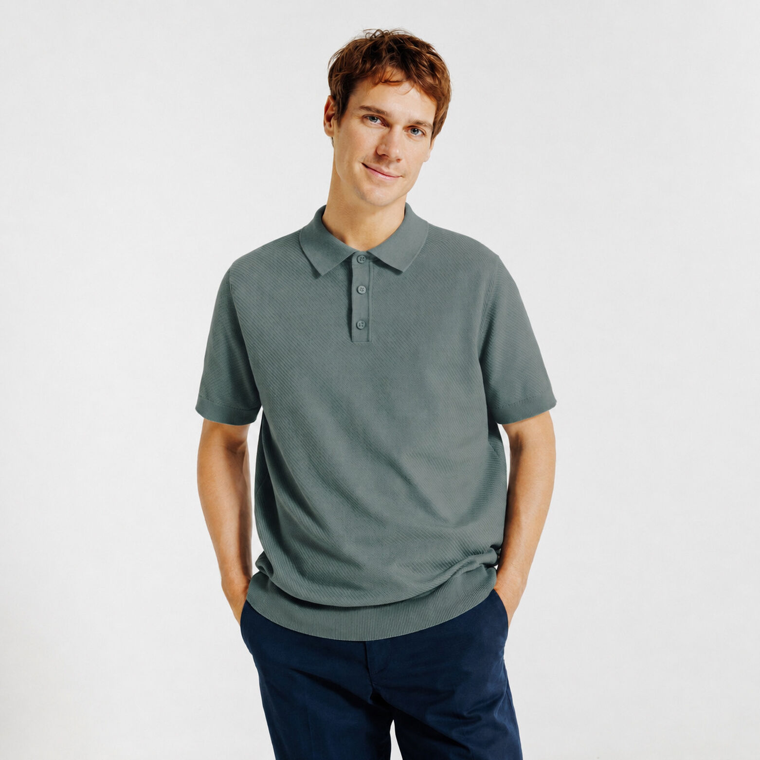 Polo met knoopkraag in tricot met fantasie stekenp