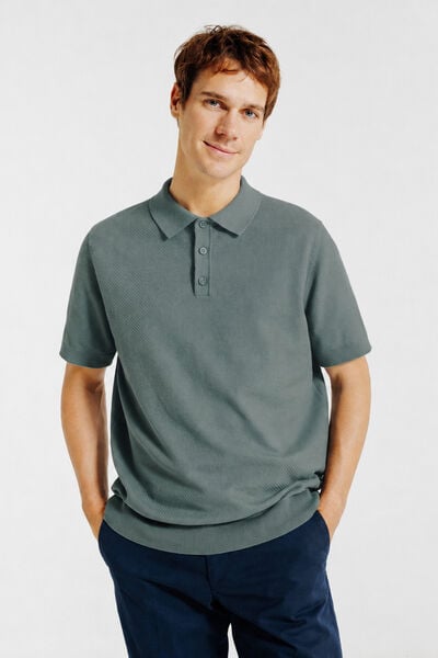 Polo met knoopkraag in tricot met fantasie stekenp