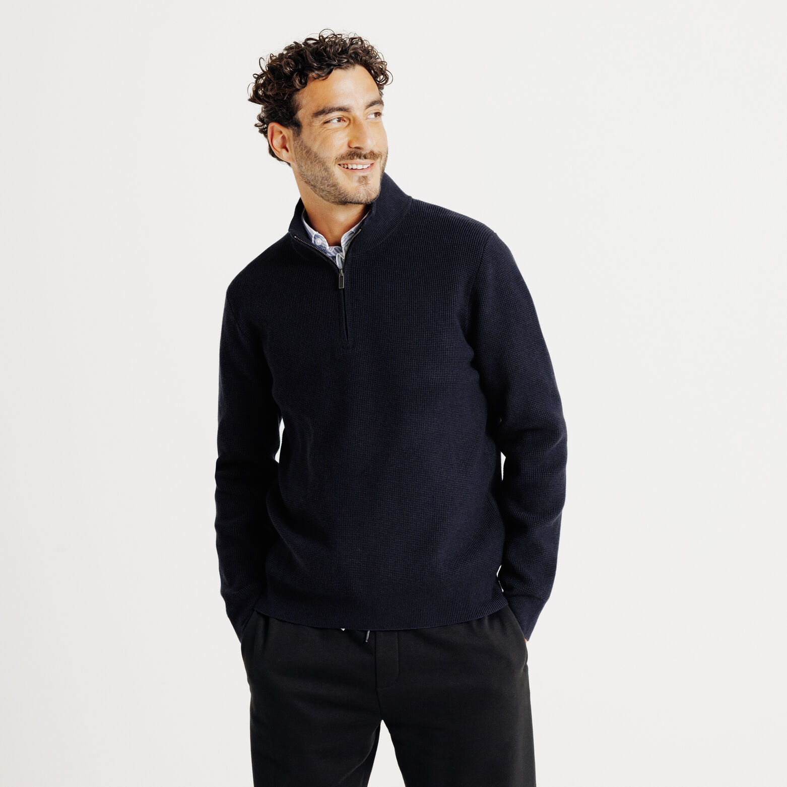 Trui met opstaande kraag en rits in wafelstof