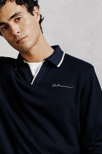 Polo manches longues col resort jacquard contrast&eacute;