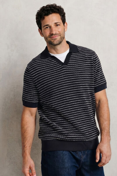Polo en maille col resort ray&eacute; relief&eacute;