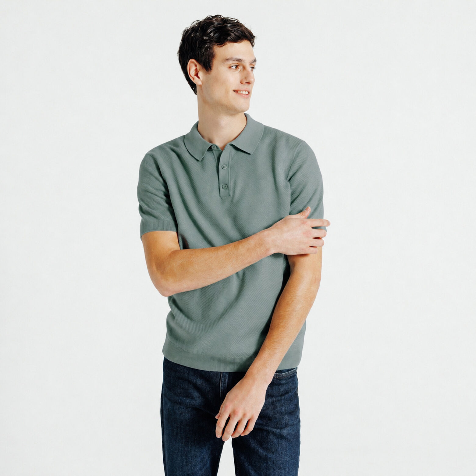 Polo met knoopkraag in tricot met fantasie stekenp